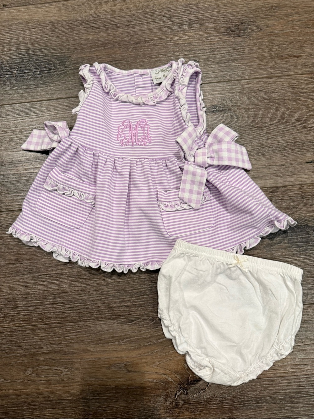 Sew Magnolia Smocks Lavender Striped Dress with White Bloomer, ‘M’ Monogran